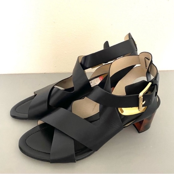 Michael Kors Black Strappy Heels with Gold Buckle genuine leather gorgeous sand.